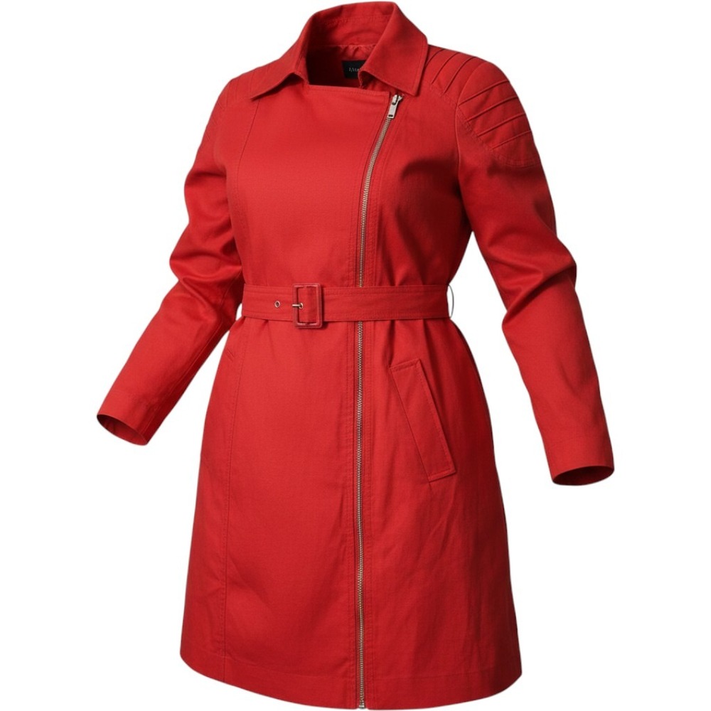 Ashley Stewart Red Asymmetrical Zip Moto Trench Coat Belted Plus Size 14/16